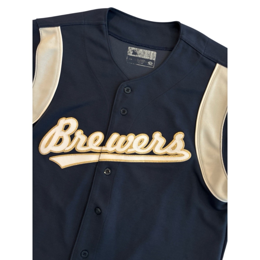 Milwaukee Brewers True Fan Jersey M Navy Blue Gold Script Button Up MLB Baseball
